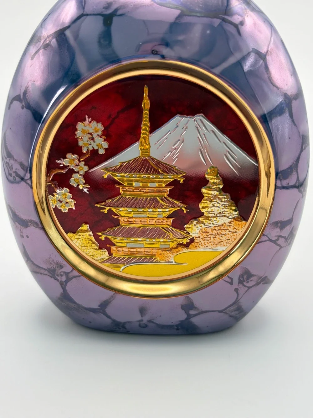 Vintage Art of Chokin Vase Purple Mount Fuji Temple 24K Gold Trim Japan